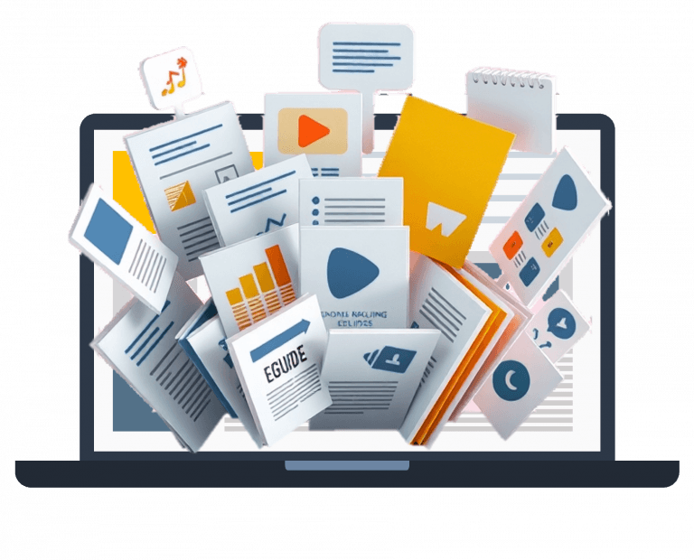 Content assets exploding from laptop screen in blue and yellow