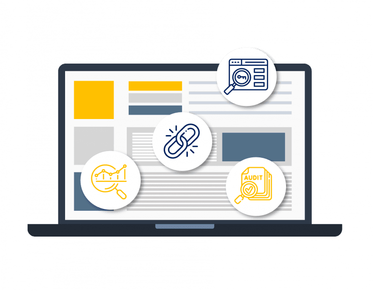 Content SEO laptop icons yellow and blue