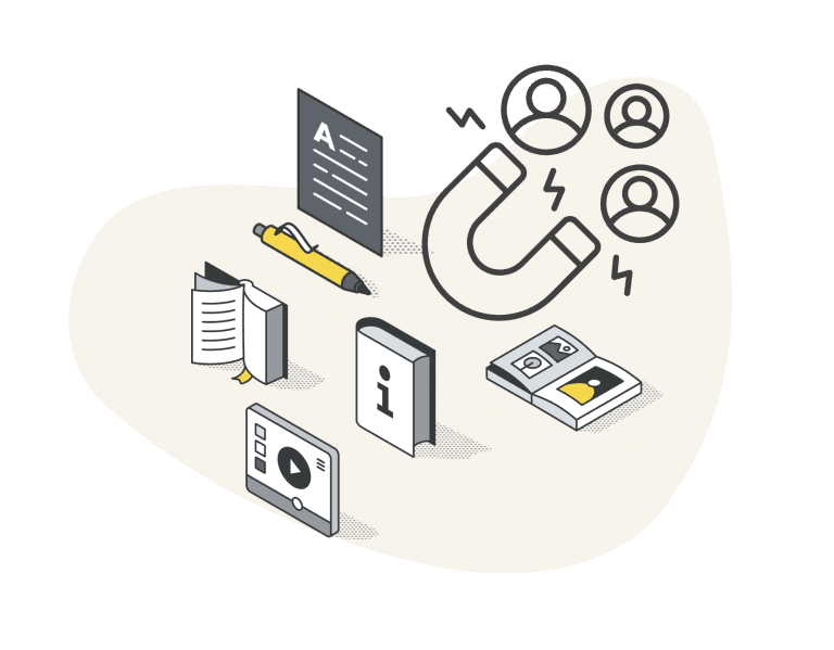B2B Lead generation icons, yellow and grey attracting users with magnet