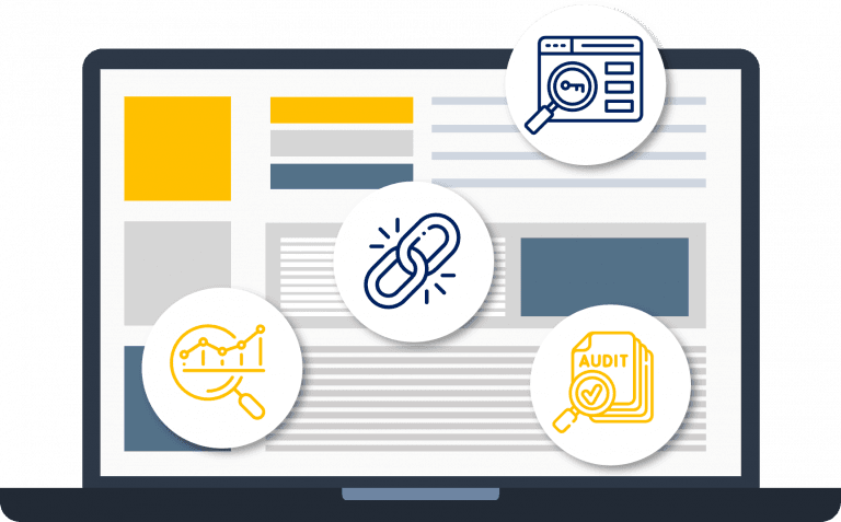 Content SEO graphic of laptop with blue and yellow theme
