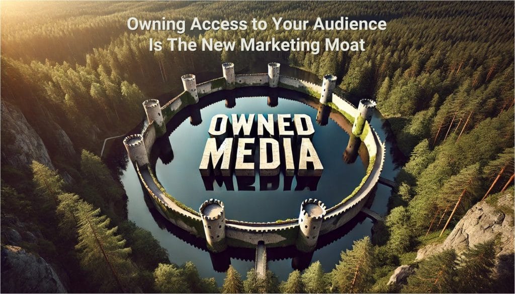 Owned Media graphic surrounded by a moat in a forest