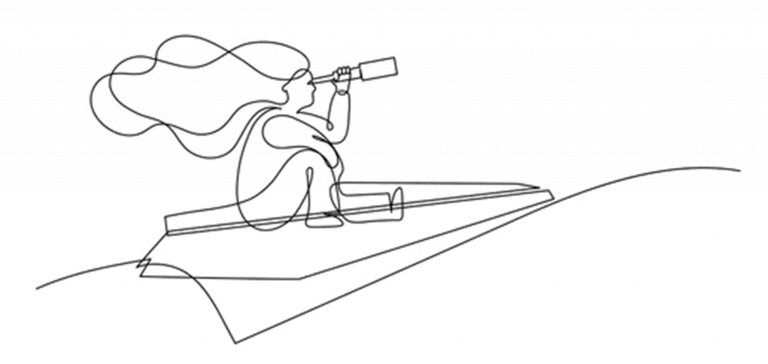 line art, woman, paper airplane, looking glass, future, looking forward